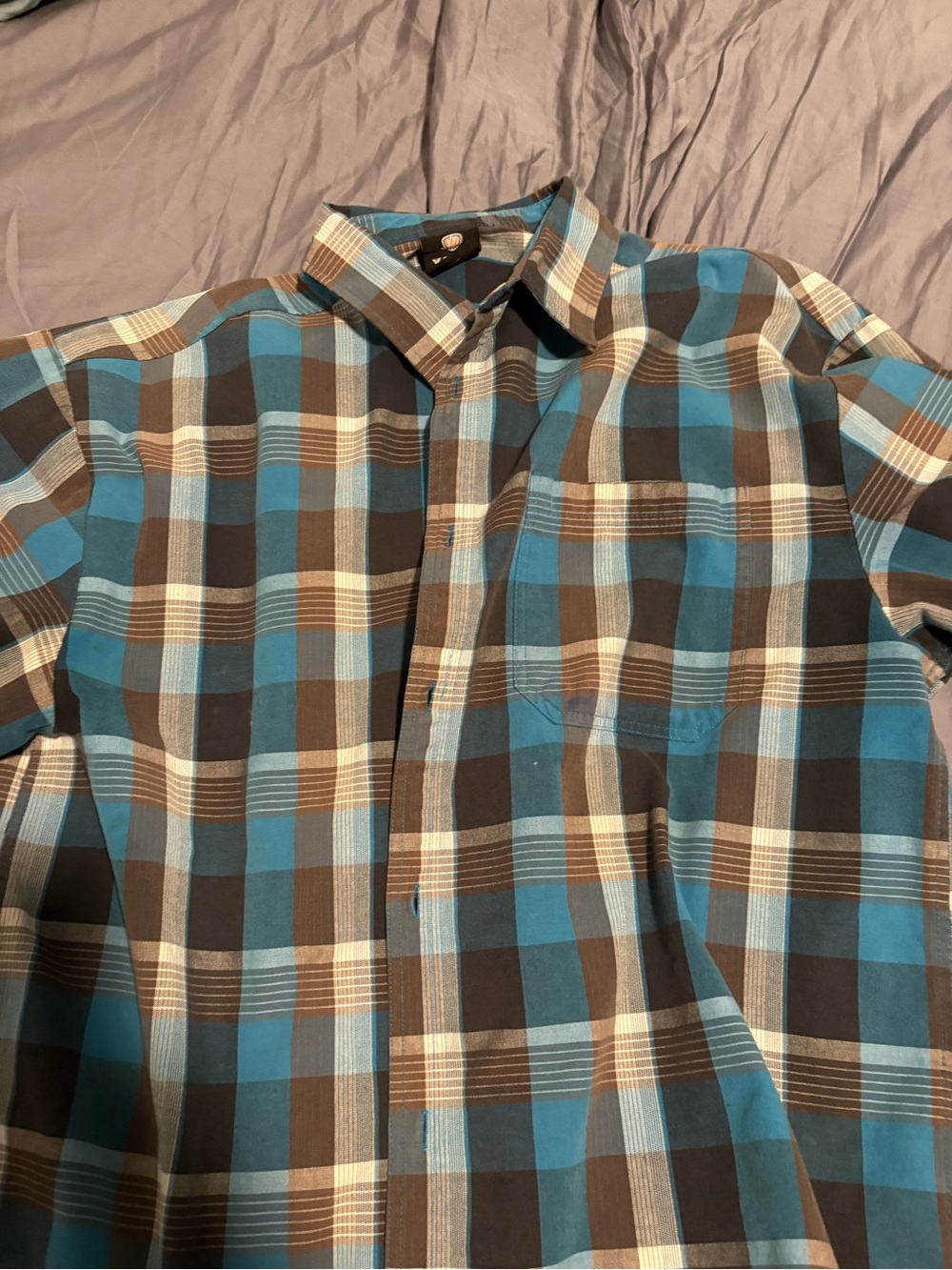 Men's Plaid Short-Sleeve Button-Down Shirt in Blue and Brown